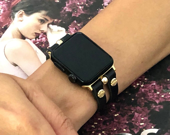 Black Leather & Gold Apple Watch Band Women Style Strap Bracelet 38mm 40mm 41mm 42mm 44mm 45mm 49mm Ultra
