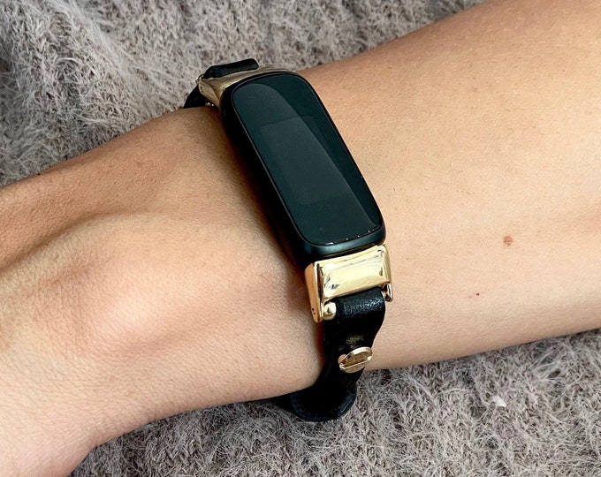 Slim Black Leather Fitbit Luxe Band Gold Fitbit Luxe Bracelet Adjustable Fitbit Luxe Wristband Women Fitbit Luxe Jewelry