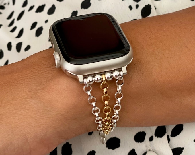 Two Tone Chain Apple Watch Band 42mm 46mm 40mm 41mm 44mm 45mm 38mm, Sterling Silver Gold Filled Jewelry Strap, Gift for Her Bracelet
