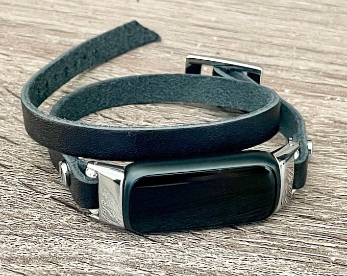 Slim Leather Fitbit Luxe Band, Black Leather & Silver Fitbit Luxe Bracelet, Women Fitbit Luxe Strap, Boho Double Wrapped Fitbit Luxe Band