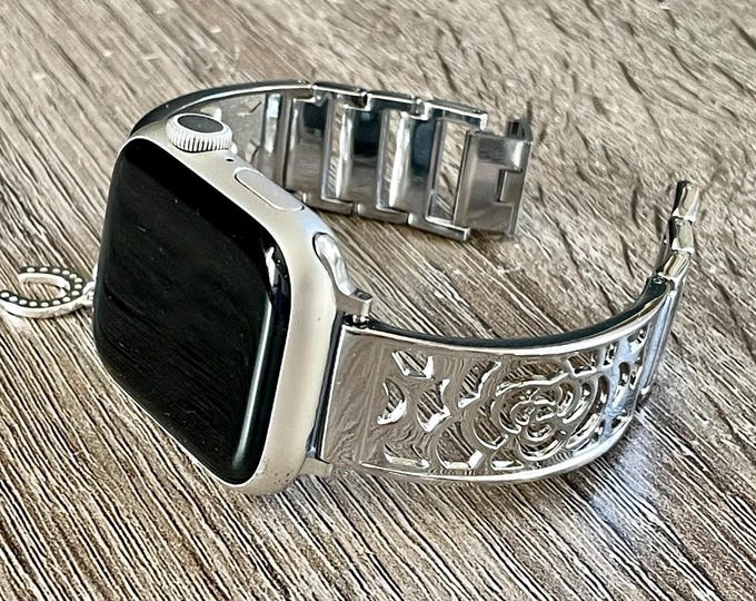 Silver Apple Watch Band Bracelet for Women: Adjustable Metal Link Strap, Horseshoe Charm Option