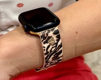 Leopard Print Leather & Gold Apple Watch Band Mujeres iWatch Correa Pulsera 38mm 40mm 41mm 42mm 44mm 45mm Ultra 2, Brazalete de moda