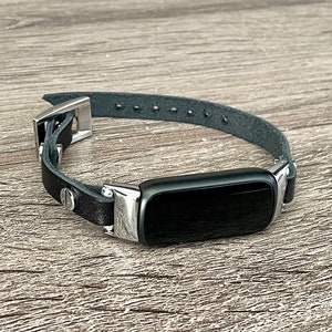 Black Leather Fitbit Luxe Band, Slim Fitbit Luxe Bracelet, Silver Fitbit Luxe Wristband, Women Fitbit Luxe Strap Jewelry Bands image 3