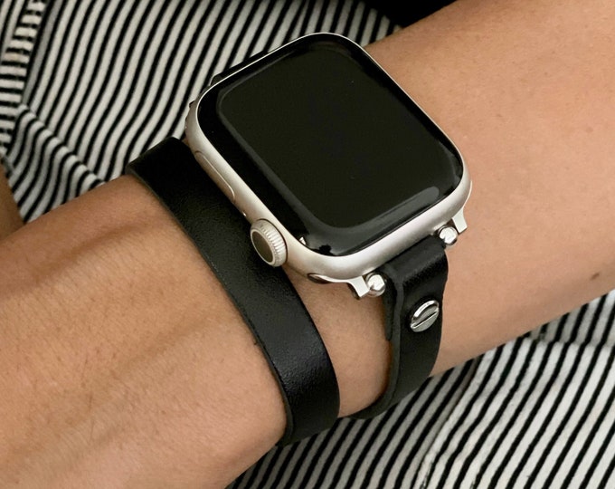 Slim Double Wrapped Black Leather Apple Watch Band Boho Strap 40mm 41mm 44mm 45mm 38mm Ultra, Women iWatch Armband, Skinny Wrap Bracelet