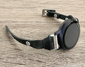 Slim Black Leather Band for Galaxy Watch: 20mm Strap, Silver Accents Bracelet