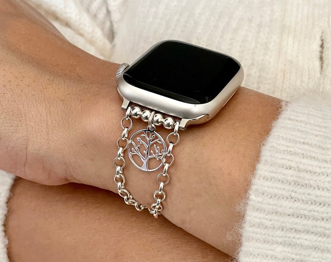925 Sterling Silver Tree Of Life Apple Watch Band Luxury Women Stylish Chain Bracelet Jewelry Strap 38mm 40mm 41mm 42mm 44mm 45mm 49mm Ultra