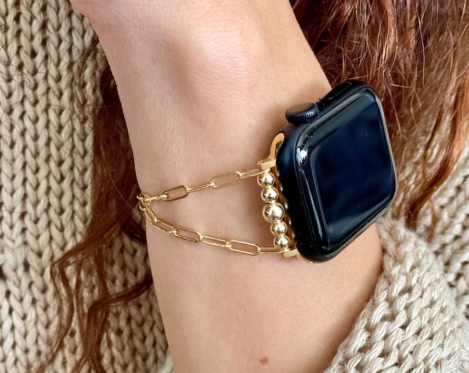 14K Gold Filled Apple Watch Band Paperclip Chain Strap Women Handmade Jewelry Bracelet, 38mm 40mm 41mm 42mm 44mm 45mm 46mm 49mm Ultra