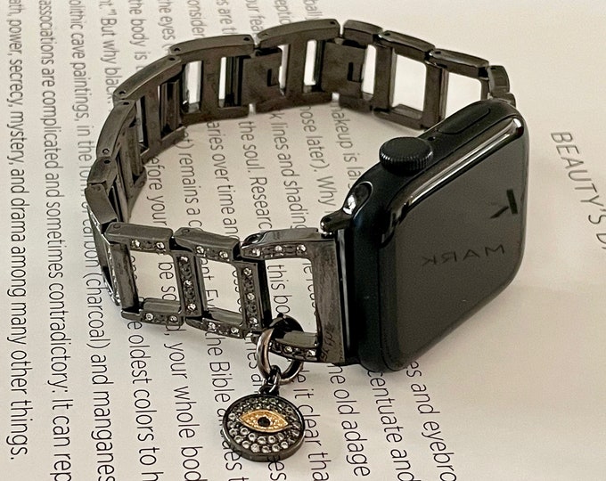 Black Apple Watch Band With CZ Diamonds, Women iWatch Bracelet, Evil Eye Charm Bands, Apple Watch Strap Band, 38mm 40mm 41mm 42mm 44mm 45mm