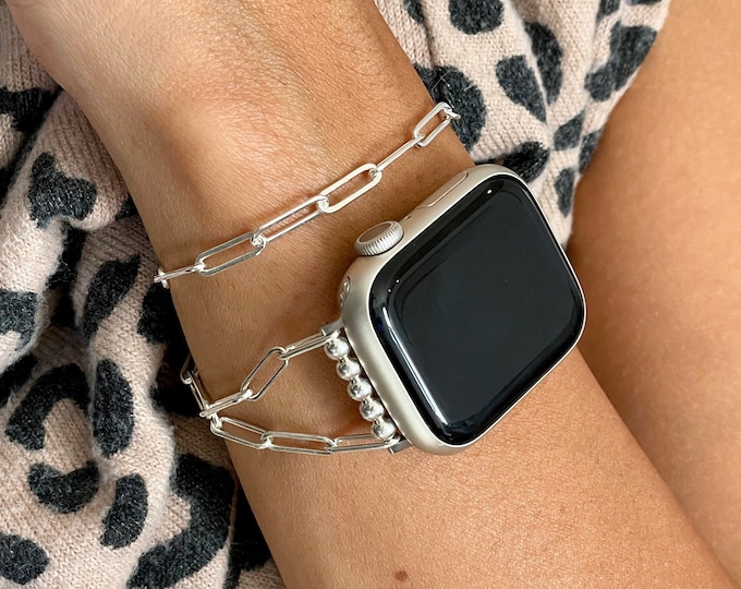 925 Sterling Silver Apple Watch Band Double Wrapped Paperclip Chain Bracelet, Gift for Her Jewelry, Luxury Apple Watch Band Magnetic Clasp