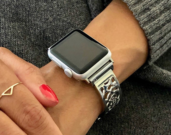 Featured listing image: Women Apple Watch Band 38mm 40mm 41mm 42mm 44mm 45mm Adjustable Size iWatch Bracelet Sterling Silver Heart Medallion Apple Watch Bangle