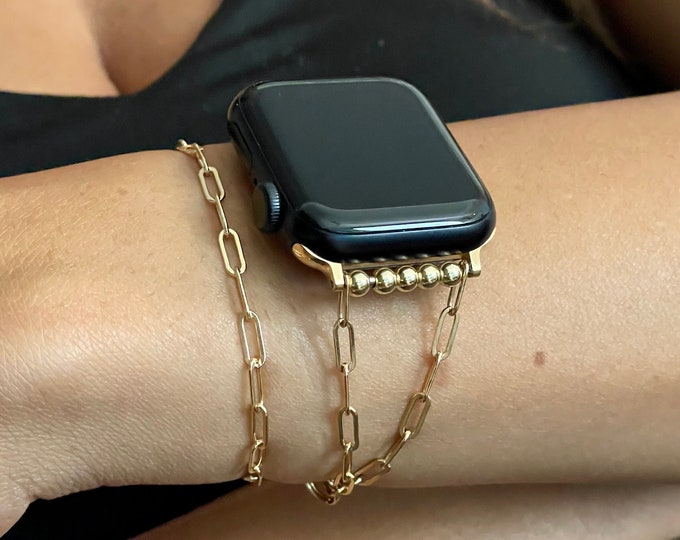Unique 14K Gold Filled Paperclip Chain Bracelet for Apple Watch, Double Wrapped Women Style Jewelry, Luxury Watch Strap, Gift for Her