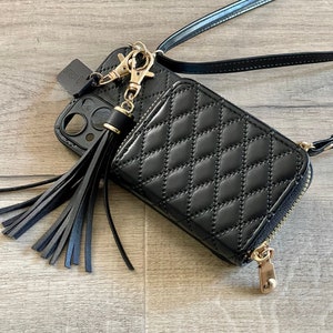 Personalized iPhone Leather Case for 13/14/15 Pro - Plus - Max with Leather Tassel Crossbody Phone Case Purse Wristlet Zipper Wallet Lanyard