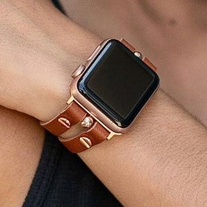 Double Straps Apple Watch Band - 46mm, 42mm, 41mm, 45mm, 49mm, 40mm, 44mm, 38mm, iWatch Leather Strap, Rose Gold Accents, Gift for Her