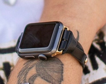 Slanke zwarte leren Apple Watch-band, minimalistische iWatch-band voor dames, armband met gouden accenten