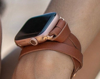 Women Apple Watch Band Series 9/8/7/6 SE, 41mm 45mm 40mm 44mm 38mm Ultra 2, Double Wrap Brown Leather & Rose Gold Apple Watch Strap Bracelet