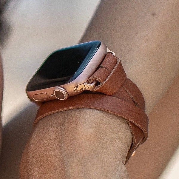 Women Apple Watch Band Series 9/8/7/6 SE, 41mm 45mm 40mm 44mm 38mm Ultra 2, Double Wrap Brown Leather & Rose Gold Apple Watch Strap Bracelet