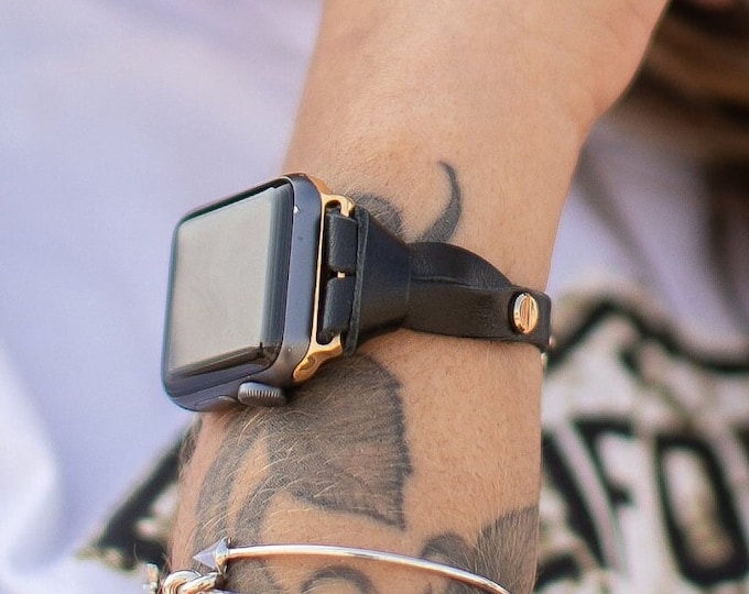 Slim Black Leather Apple Watch Band Women iWatch Strap Bracelet Minimalist Style Apple Watch Armband With Gold Accents Series 9/8/7 Ultra 2