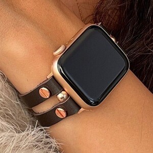 Italian Leather Apple Watch Band Women iWatch Bracelet Jewelry Ultra 2 Strap Armband Dark Brown Double Straps Cuff Soft Comfortable Bracelet