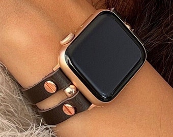 Italian Leather Apple Watch Band Women iWatch Bracelet Jewelry Ultra 2 Strap Armband Dark Brown Double Straps Cuff Soft Comfortable Bracelet