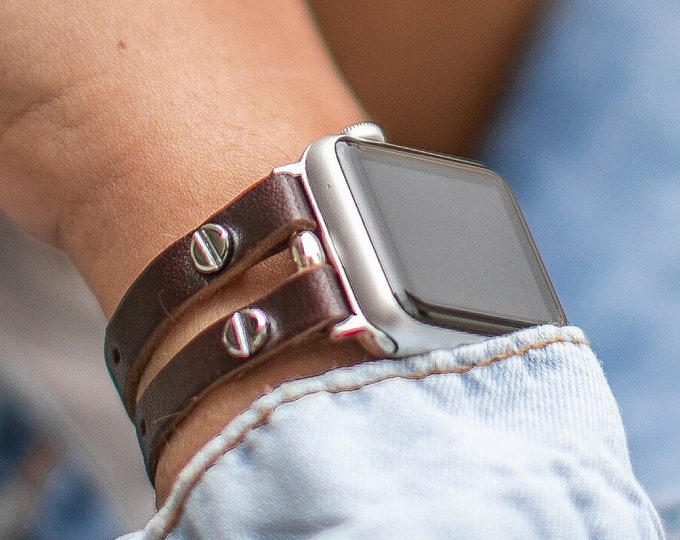 Brown Apple Watch Band Slim Leather Bracelet, 40mm 41mm 38mm 44mm 45mm 42mm, iWatch Bracelet Woman, Italian Leather Double Straps Cuff Band