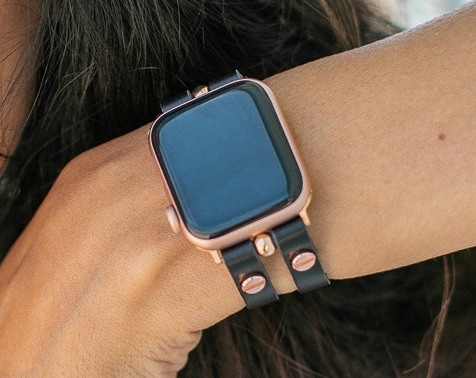 Black Leather Apple Watch Band with Rose Gold Accents for Women, Double Straps Apple Watch Strap, 46mm 45mm 44mm 42mm 41mm 40mm Ultra 2 Band