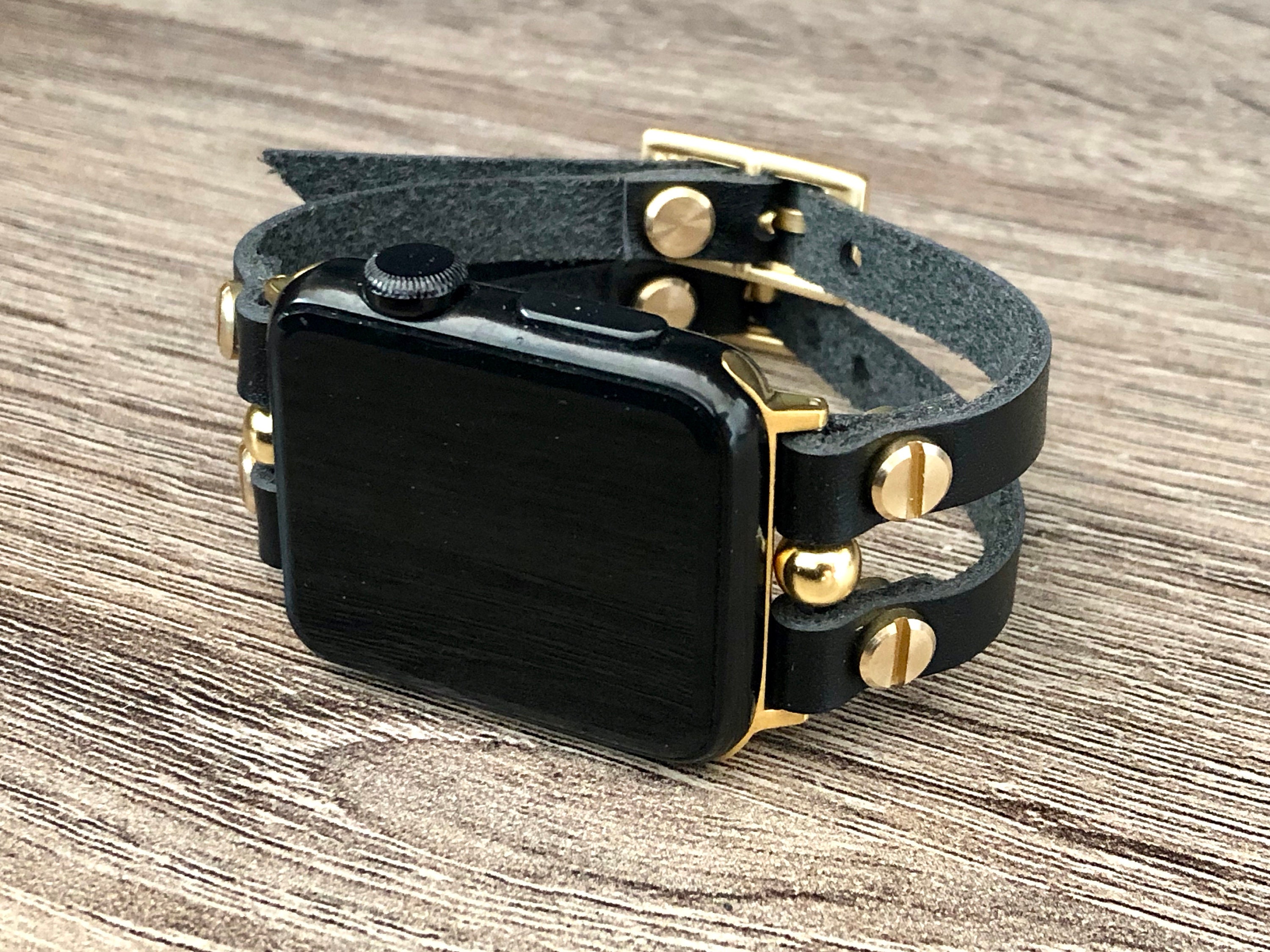 SALE! Black Leather & Gold Apple Watch Band 38mm 40mm 41mm 42mm 44mm