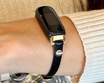 Black Leather Fitbit Luxe Band Gold Accent Bracelet, Slim Fit Strap for Women