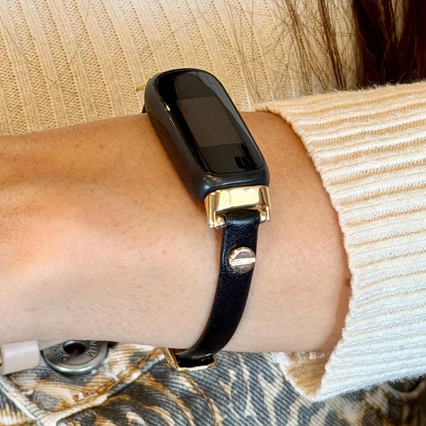 Black Leather Fitbit Luxe Band Gold Accent Bracelet, Slim Fit Strap for Women