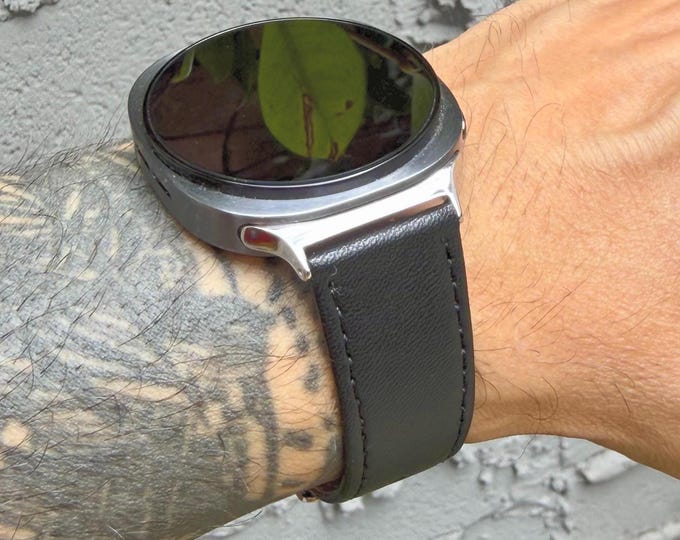 Genuine Leather Galaxy Watch 9 Band, Black Stitched Watch Strap, Adjustable Size 6" - 8"