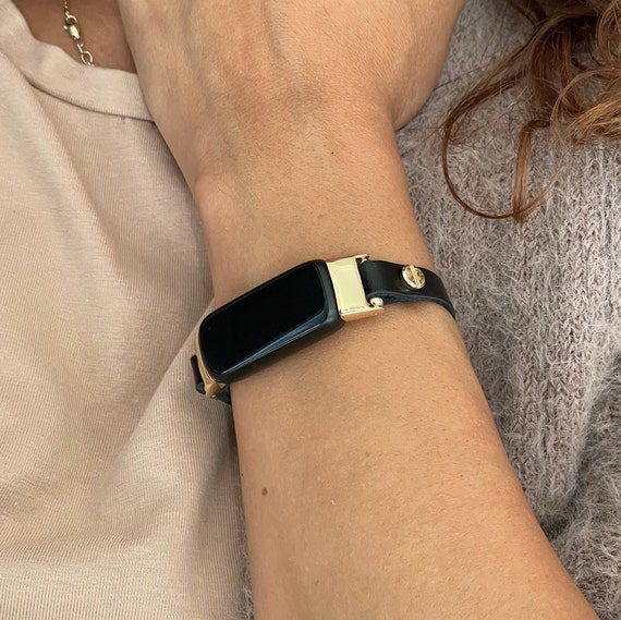 Black Vegan Leather Bracelet Gold Bangle with Lock Charm for Fitbit Luxe