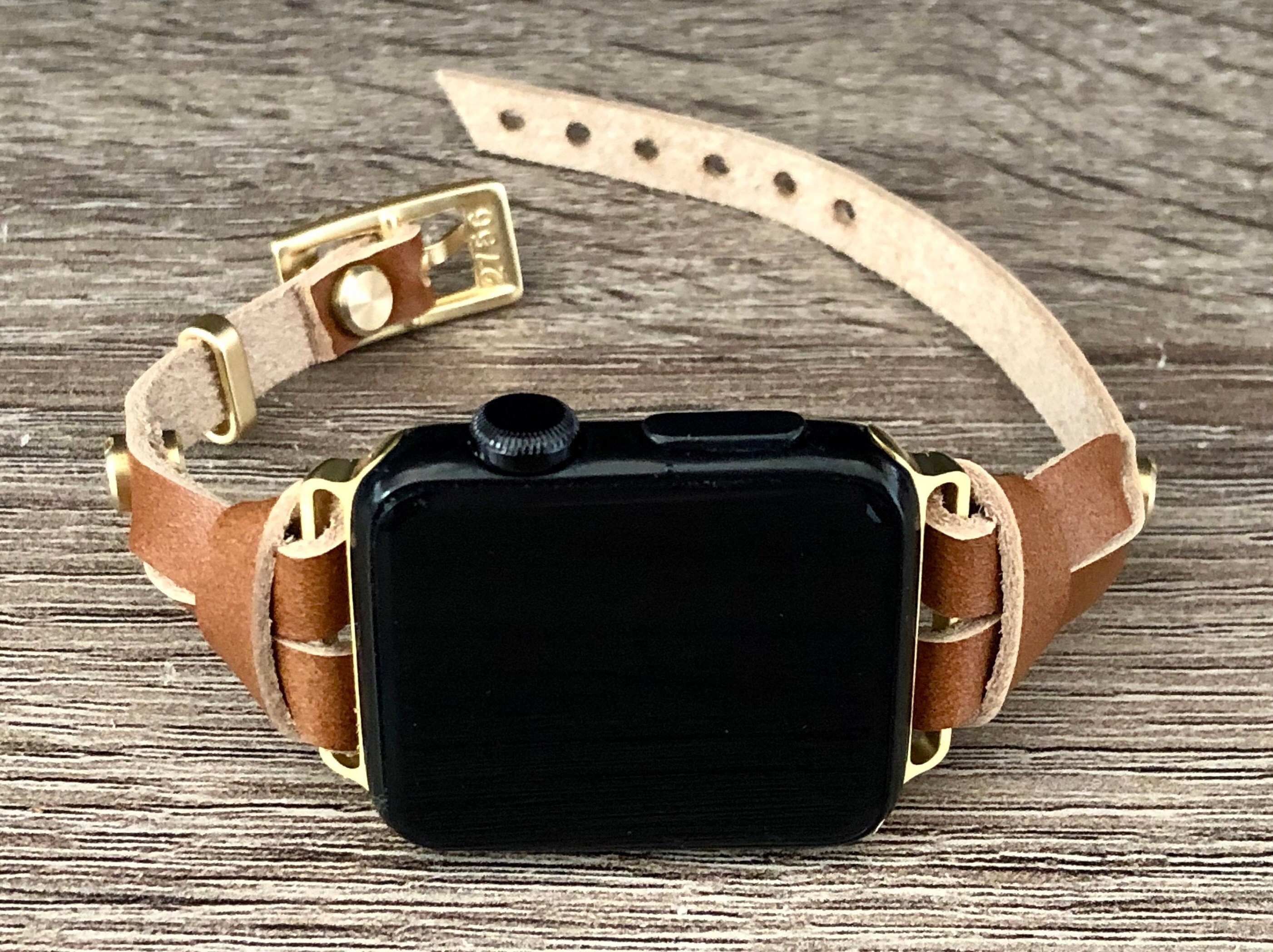 Apple Watch Band 38mm 40mm 42mm 44mm Gold & Brown Leather Bracelet