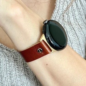 Google Pixel Watch Leather Band - Grain Brown Italian Leather Strap, Gold Hardware (41mm 45mm)