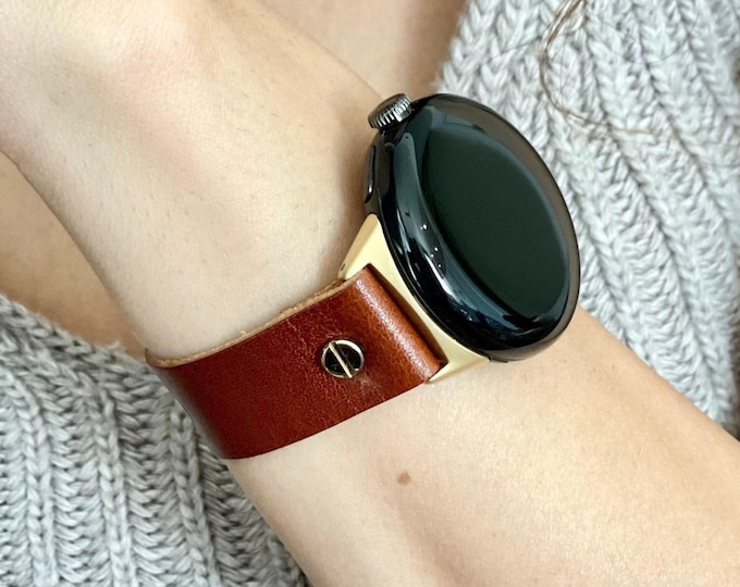 Google Pixel Watch Leather Band - Grain Brown Italian Leather Strap, Gold Hardware (41mm 45mm)