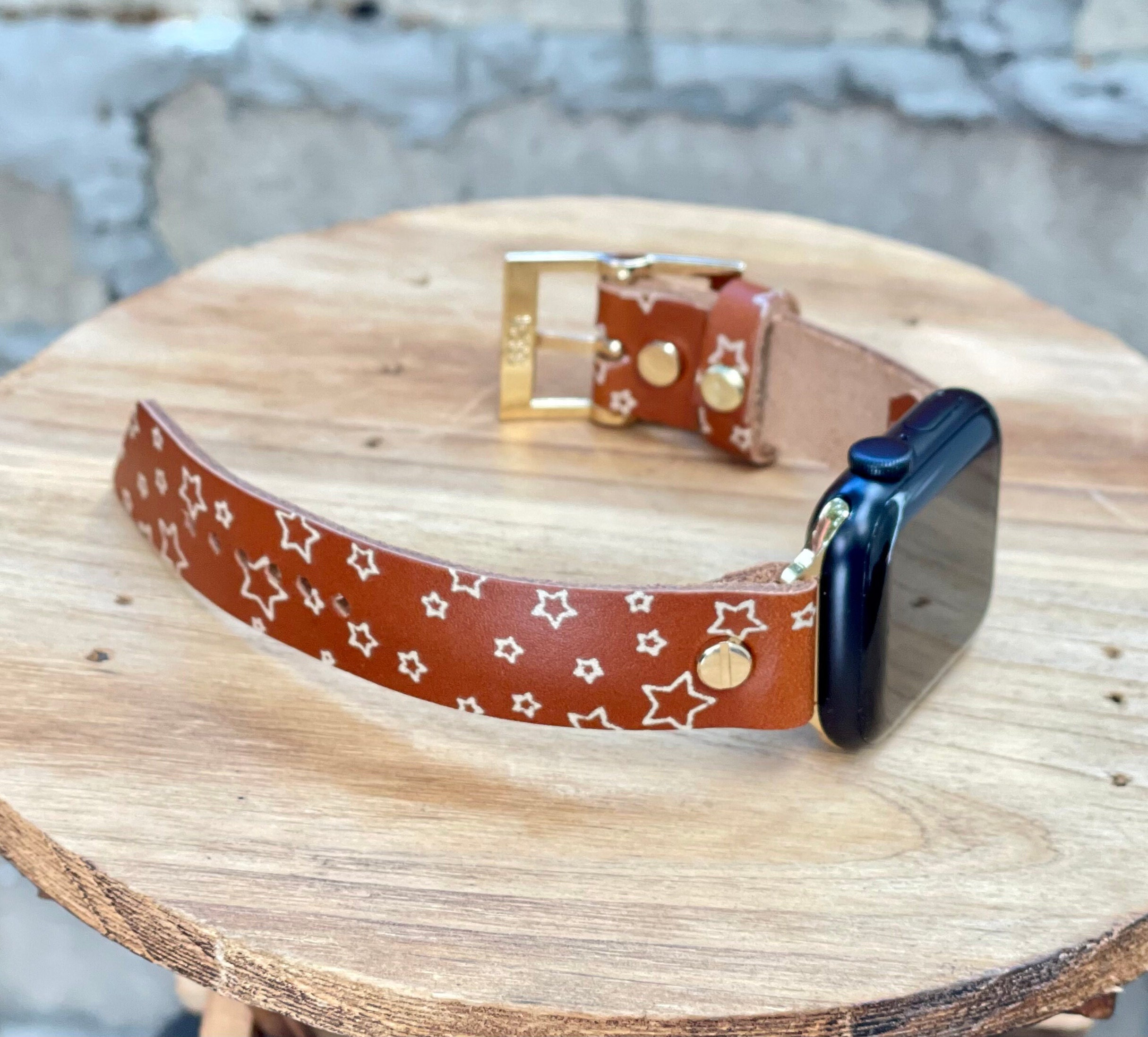 Apple Watch Band Brown Leather Stars Pattern Strap Women Gold