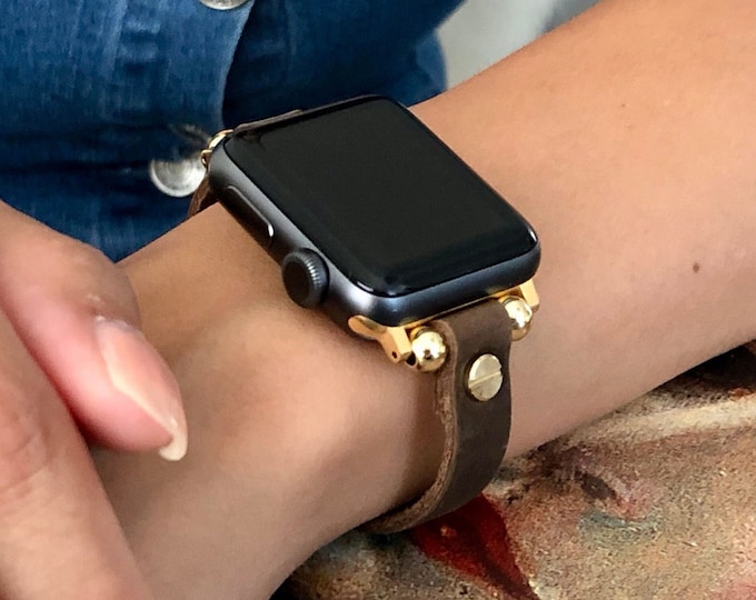 Rustic Brown Leather Apple Watch Band, Slim Design Strap Bracelet, Women Bands, Gold Accents Watch Band, Vintage Look Watch Straps