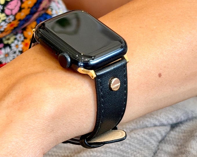 Black Genuine Leather Apple Watch Band, Gold Accents, 20mm Adjustable Strap