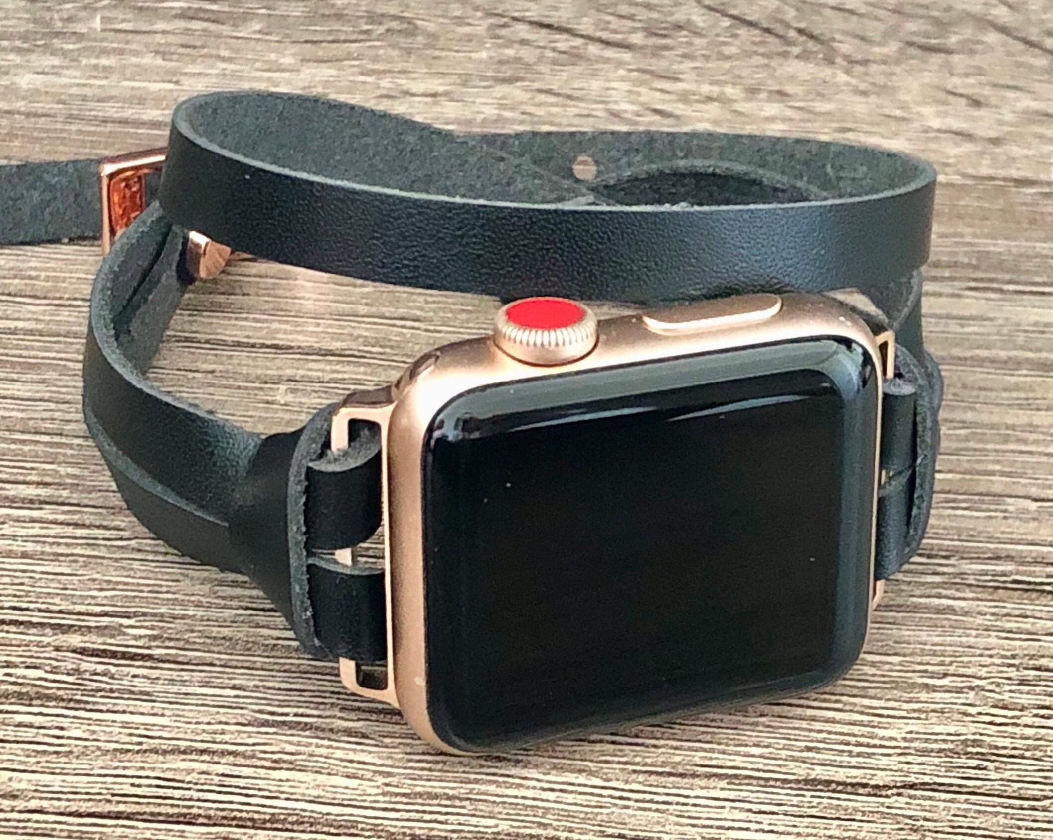 Skinny Black Leather Apple Watch Band iWatch Strap Double Wrapped