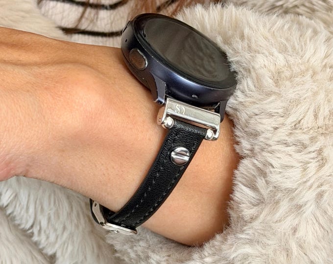 Galaxy Watch Leather Band – Slim Black Adjustable Bracelet Strap, Includes 20mm Quick Release Pins