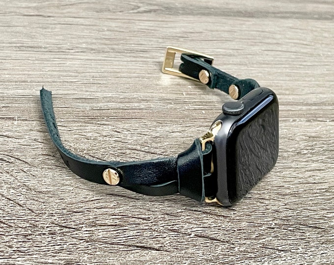 Slim Black Leather Apple Watch Band Women's iWatch Strap, Gold Accents Bracelet