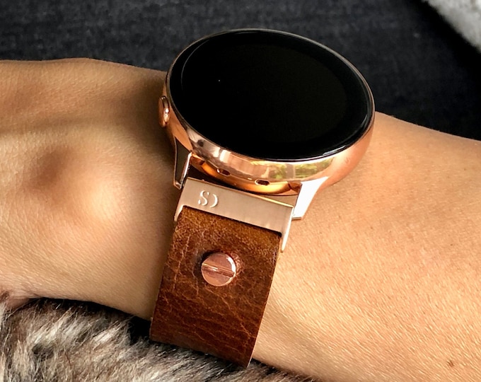 Brown Leather Samsung Galaxy Watch Active 2 Band, 40mm 44mm Samsung Galaxy Watch 42mm Strap, Custom Samsung Watch Band, Rose Gold Watch Band