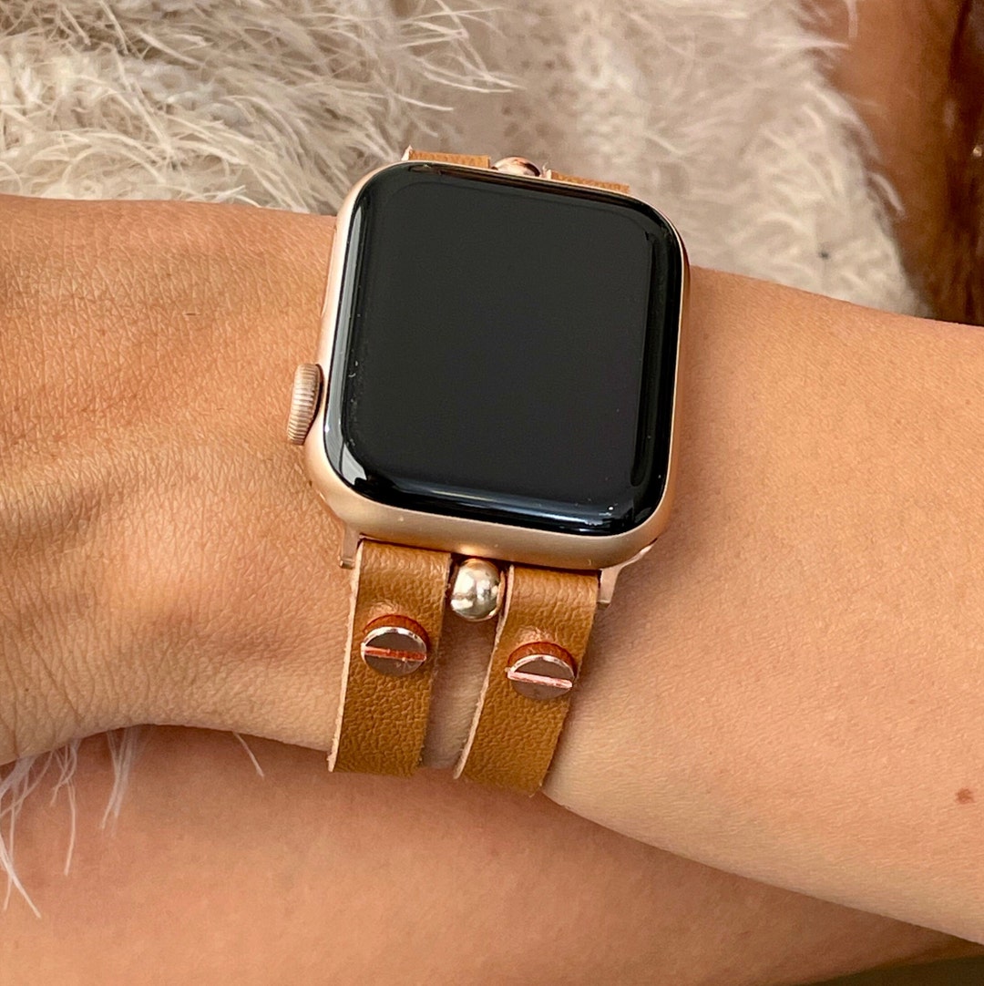 Women\'s Spark’l Leather Apple Watch Band with Rose Gold Accent Wearlizer Womens Rose Gold Leather Apple Watch Band 38mm  main image 4
