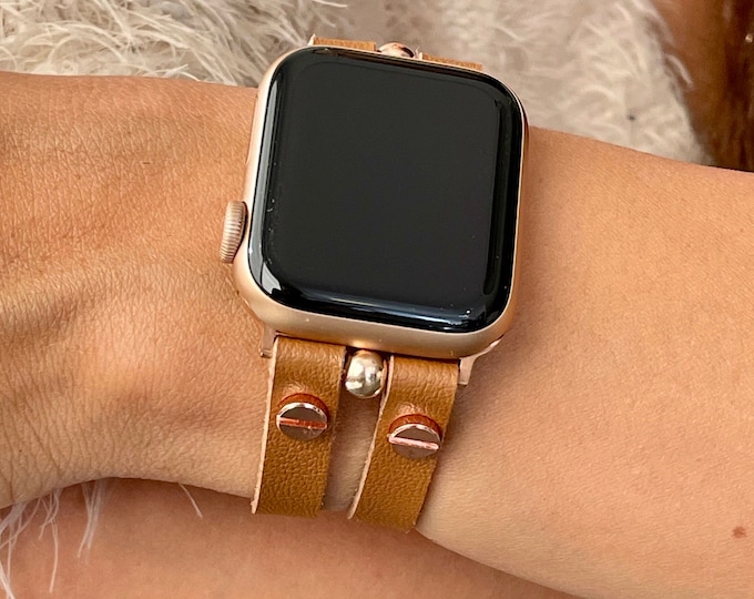 Apple Watch Band 42mm 46mm Ultra 41mm 45mm 40mm 38mm 44mm Chic Brown Leather Cuff with Rose Gold Accents - Unique iWatch Strap Gift for Her