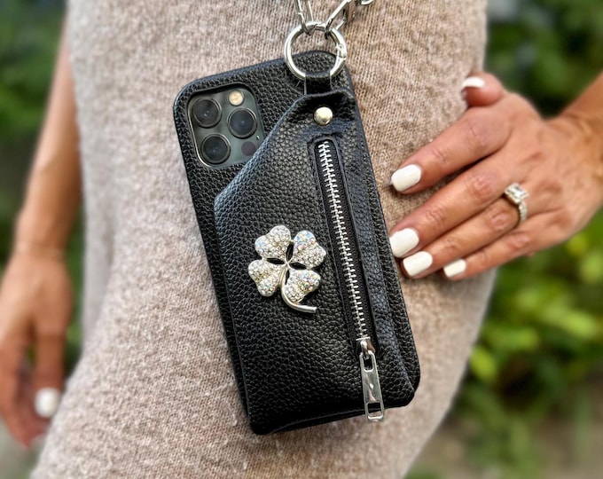 Crossbody Shoulder Strap Phone Case for Samsung Galaxy S25 S24 S23 S22 S21 Plus Ultra FE - Grain Leather Zipper Card Wallet with Clover Leaf