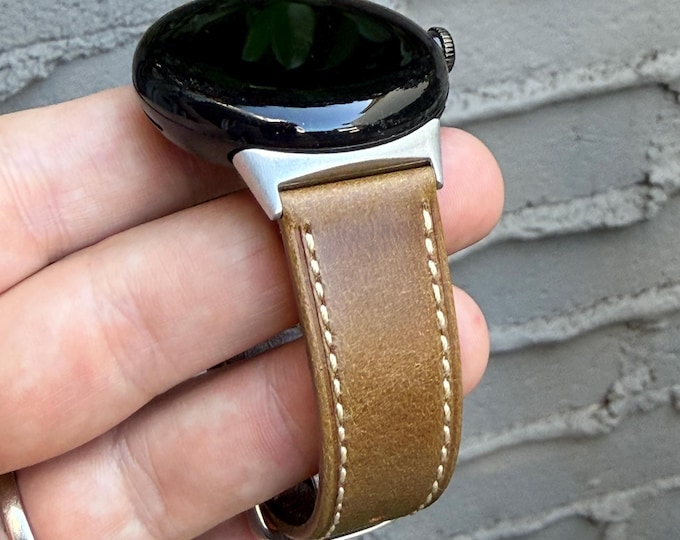 Genuine Rustic Leather Band for Google Pixel Watch, 41mm or 45mm, Silver Hardware Strap