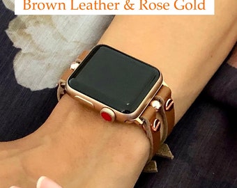 Double Strapped Leather Apple Watch Band Women Style Rose Gold Apple Watch Strap 38mm 40mm 41mm 42mm 44mm 45mm 49mm