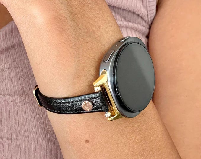 Galaxy Watch 8 Leather Band - Slim Adjustable Bracelet Strap, Silver or Gold Accents (Classic)