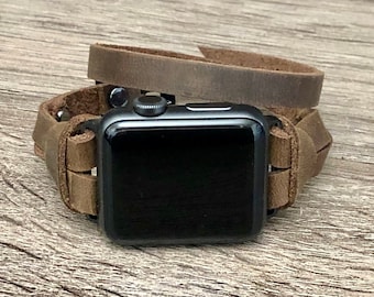 Slim Leather Apple Watch Bracelet 38mm 40mm 41mm 42mm 44mm 45mm Rustic Brown iWatch Strap Women Double Wrapped Apple Watch Band Wristband