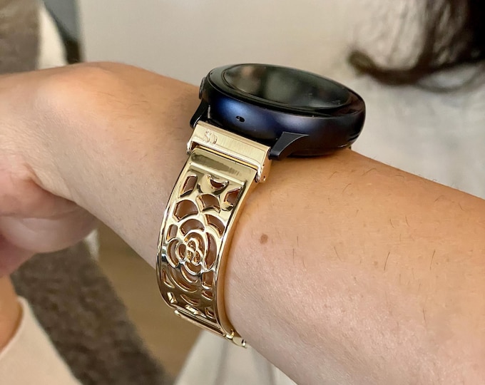 Gold Samsung Galaxy Watch Band with Charm Compatible with Series 5, 6, 7 Adjustable Size Links Smartwatch Strap, Luxury Gift for Her
