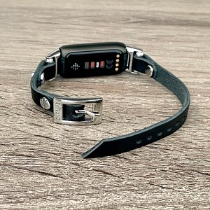 Black Leather Fitbit Luxe Band, Slim Fitbit Luxe Bracelet, Silver Fitbit Luxe Wristband, Women Fitbit Luxe Strap Jewelry Bands image 6