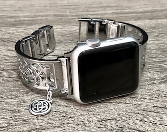 Silver Apple Watch Charm Band/ 38mm 40mm 41mm 42mm 44mm 45mm/ Engraved Flowers Metal iWatch Bracelet, Celtic Knots Charm Band Bangle